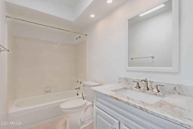 full bath featuring toilet, recessed lighting, shower / bath combination, vanity, and tile patterned flooring