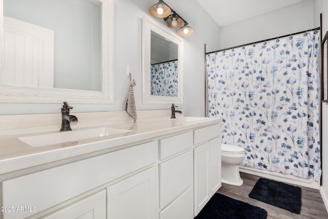 5321 N 196th Ave, Litchfield Park, AZ 85340 - full bathroom with double vanity, toilet, wood finished floors, and a shower with shower curtain