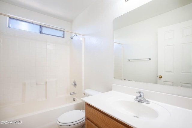 full bathroom featuring bathing tub / shower combination, toilet, and vanity