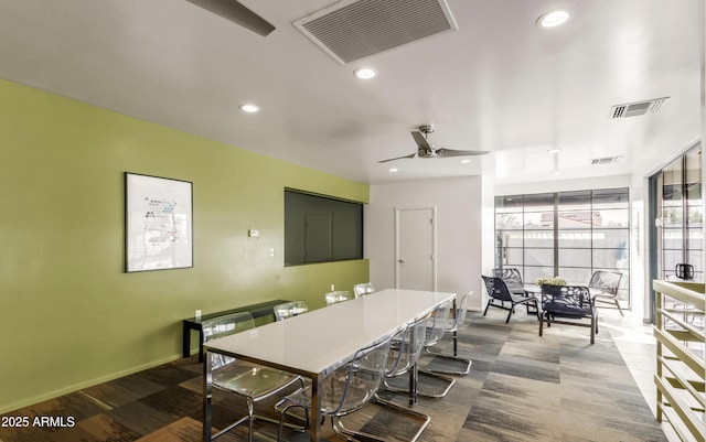 dining space with ceiling fan, recessed lighting, and visible vents