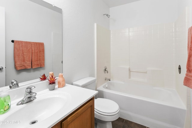 full bathroom featuring  shower combination, vanity, and toilet