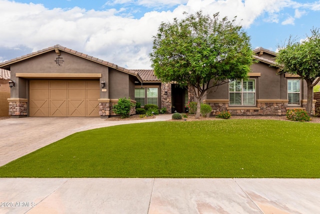 12834 W Forest Pleasant Pl, Peoria, AZ 85383 - view of front of house featuring stone siding, stucco siding, a tiled roof, and a front yard