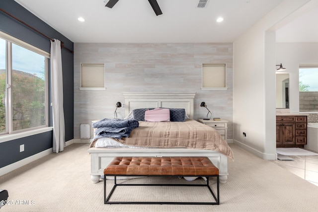 12834 W Forest Pleasant Pl, Peoria, AZ 85383 - bedroom with an accent wall, baseboards, recessed lighting, ensuite bath, and a ceiling fan