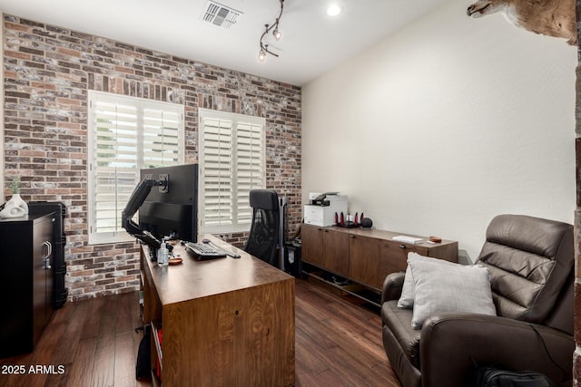 12834 W Forest Pleasant Pl, Peoria, AZ 85383 - office with brick wall and dark wood-style flooring