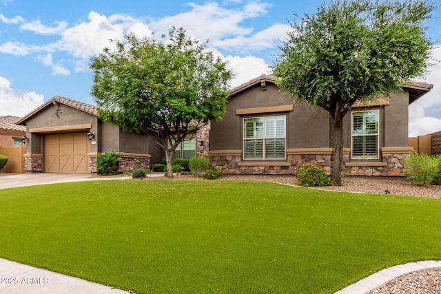12834 W Forest Pleasant Pl, Peoria, AZ 85383 - view of front facade featuring stone siding, stucco siding, an attached garage, driveway, and a front yard
