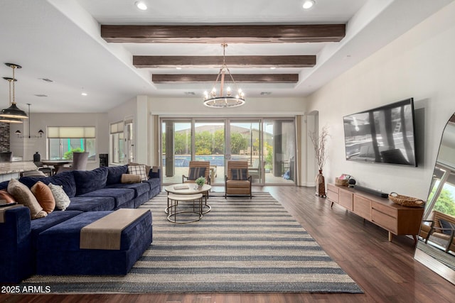 12834 W Forest Pleasant Pl, Peoria, AZ 85383 - living area with beamed ceiling, a chandelier, dark wood-type flooring, and recessed lighting