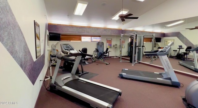 exercise room featuring lofted ceiling and ceiling fan