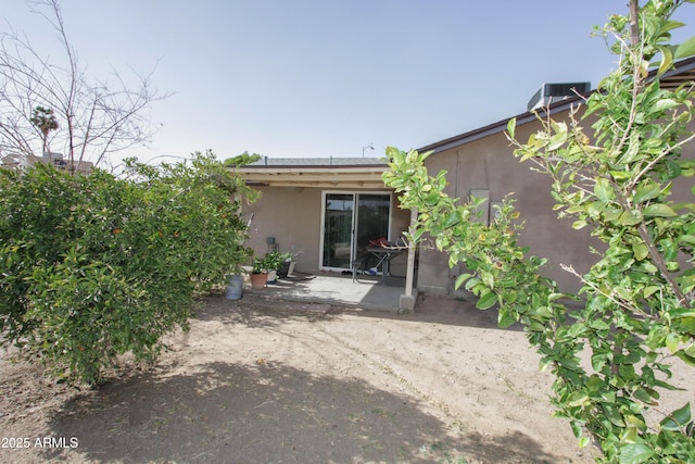 back of property with a patio and stucco siding