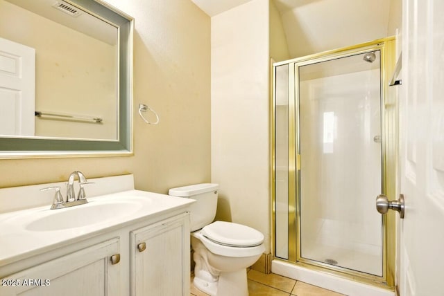2880 E Nunneley Rd, Gilbert, AZ 85296 - bathroom featuring a shower stall, toilet, vanity, and tile patterned flooring
