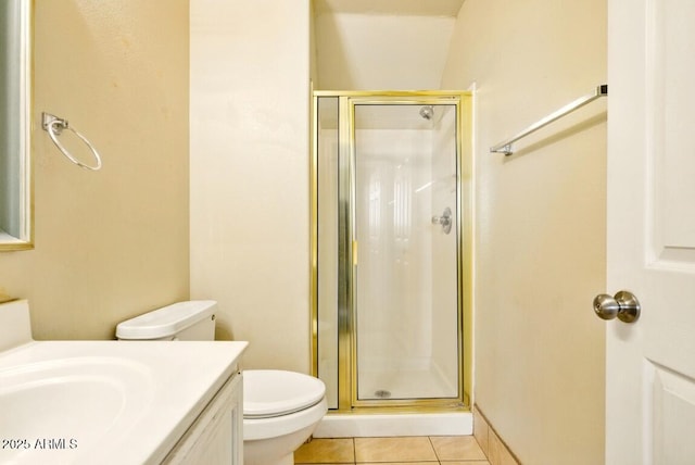 2880 E Nunneley Rd, Gilbert, AZ 85296 - bathroom with a stall shower, tile patterned floors, vanity, and toilet