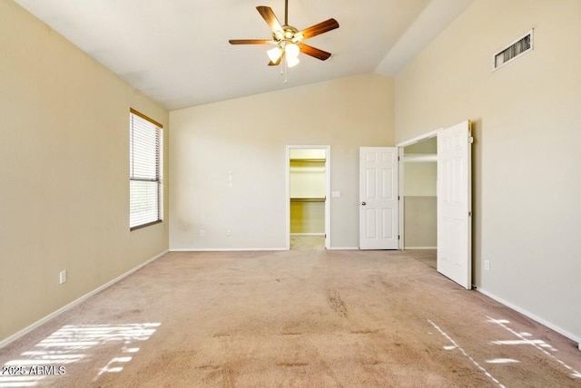 2880 E Nunneley Rd, Gilbert, AZ 85296 - unfurnished bedroom with carpet, high vaulted ceiling, baseboards, a spacious closet, and a ceiling fan