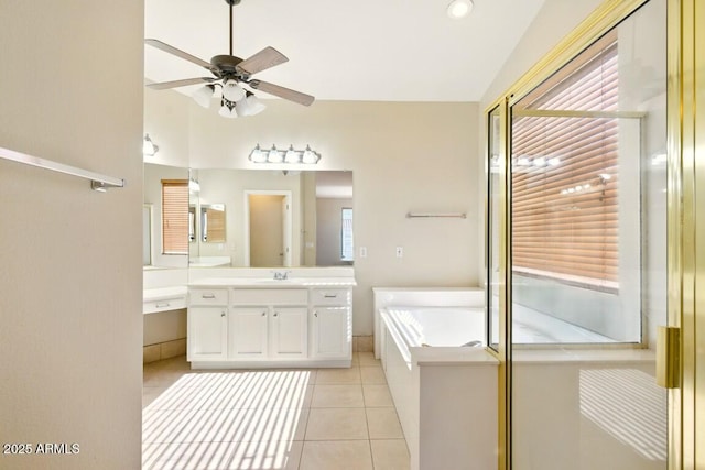 2880 E Nunneley Rd, Gilbert, AZ 85296 - bathroom featuring tile patterned floors, a ceiling fan, vanity, a garden tub, and lofted ceiling