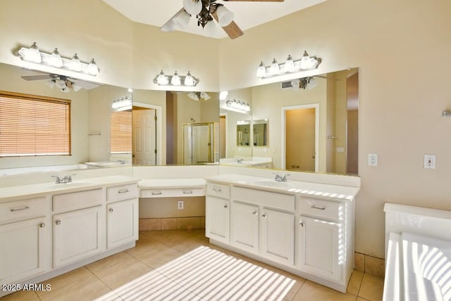 2880 E Nunneley Rd, Gilbert, AZ 85296 - bathroom featuring a ceiling fan, tile patterned flooring, and a stall shower