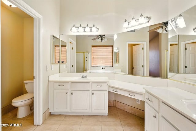 2880 E Nunneley Rd, Gilbert, AZ 85296 - bathroom featuring ceiling fan, tile patterned floors, a shower stall, and toilet