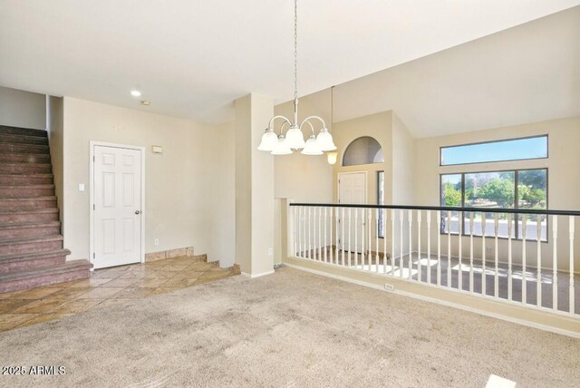 2880 E Nunneley Rd, Gilbert, AZ 85296 - carpeted empty room featuring a chandelier, baseboards, stairway, and recessed lighting