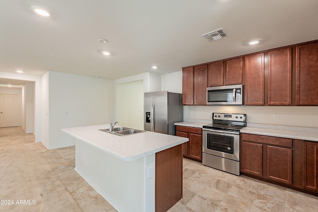 kitchen featuring a kitchen island with sink, sink, and appliances with stainless steel finishes