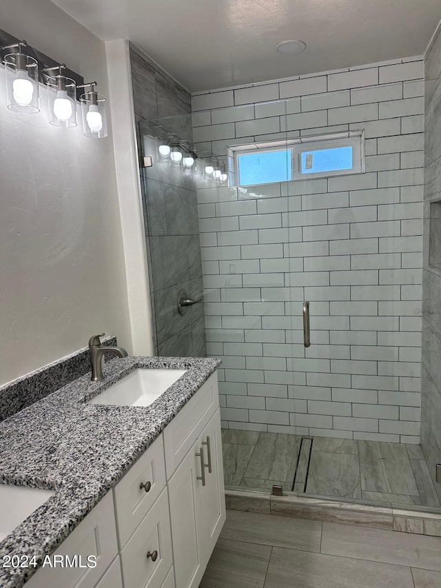 bathroom with vanity and a shower with shower door