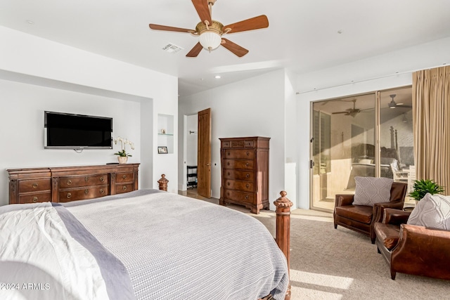 carpeted bedroom featuring ceiling fan