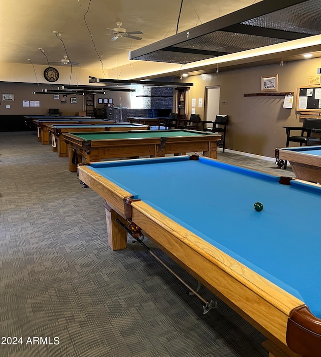 game room featuring pool table, carpet, and ceiling fan