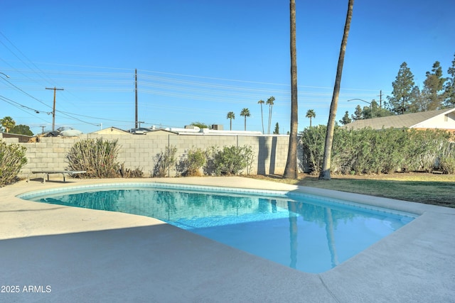 view of swimming pool featuring a fenced backyard, a fenced in pool, and a patio