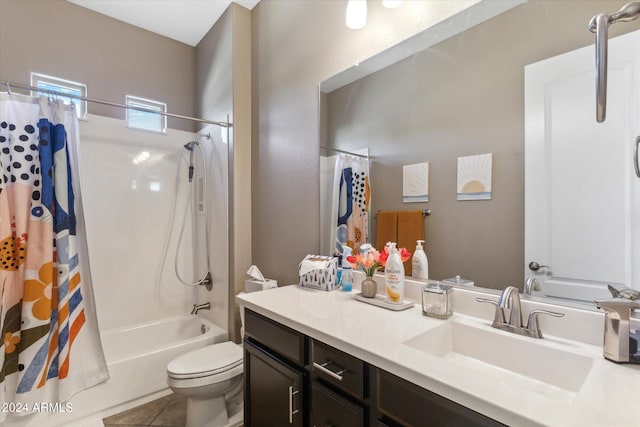 full bathroom with tile floors, toilet, shower / bath combination with curtain, and large vanity