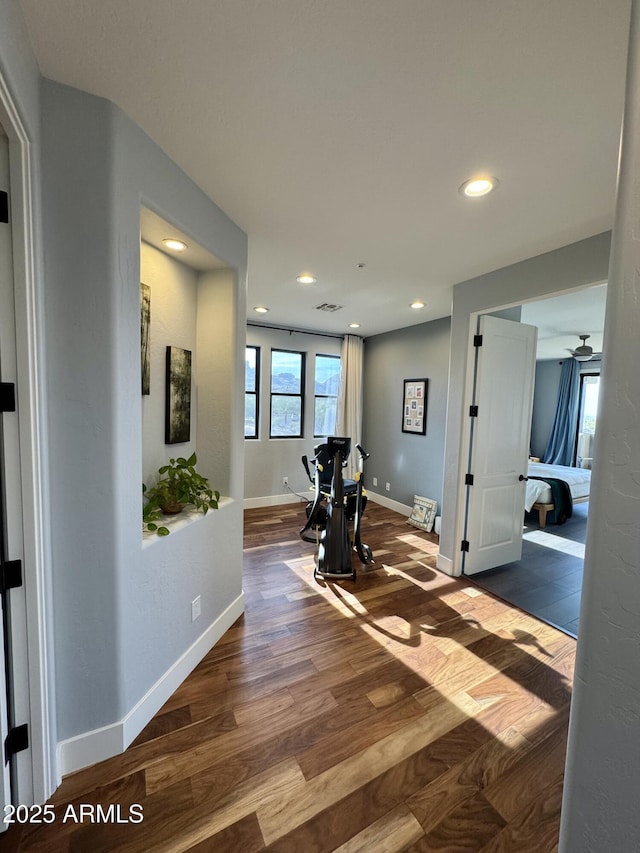 exercise room featuring dark hardwood / wood-style flooring and a wealth of natural light