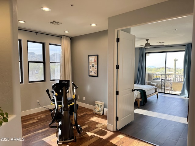 exercise area with ceiling fan and wood-type flooring