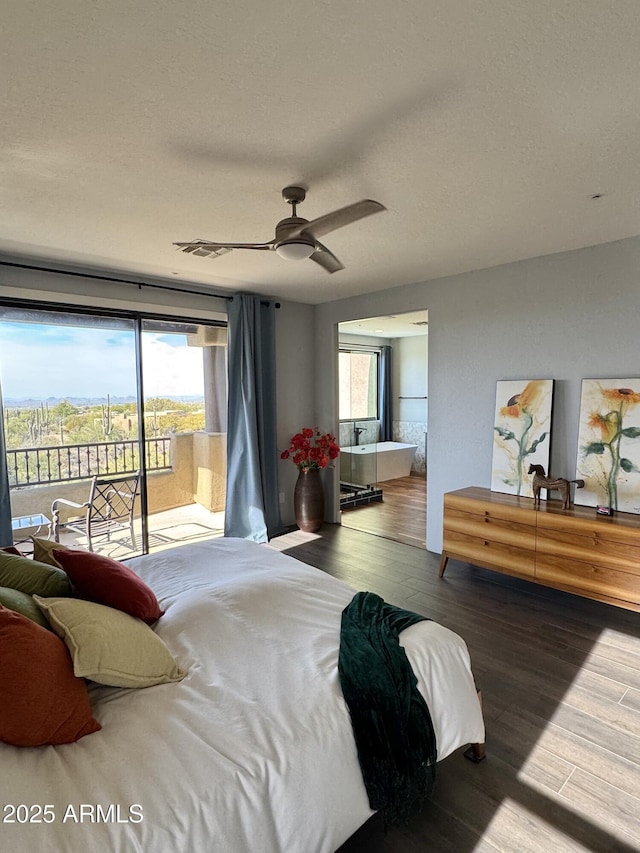 bedroom with access to outside, ceiling fan, hardwood / wood-style floors, and a textured ceiling