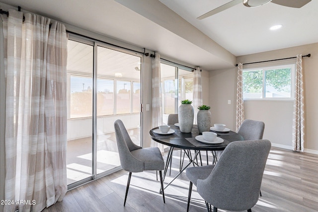 dining area featuring ceiling fan and hardwood / wood-style floors