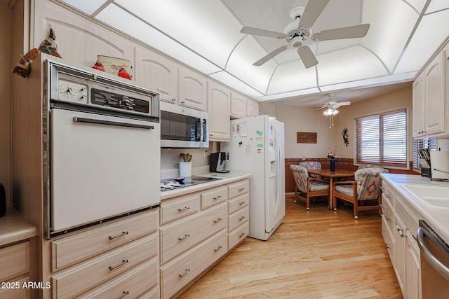 kitchen with sink, ceiling fan, appliances with stainless steel finishes, a tray ceiling, and light wood-type flooring