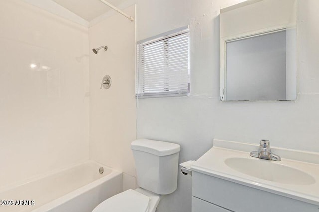 full bath featuring tub / shower combination, vanity, and toilet