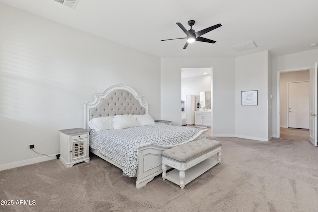 1294 E Ln Fortuna Ct, San Tan Valley, AZ 85140 - bedroom featuring light carpet, connected bathroom, and a ceiling fan