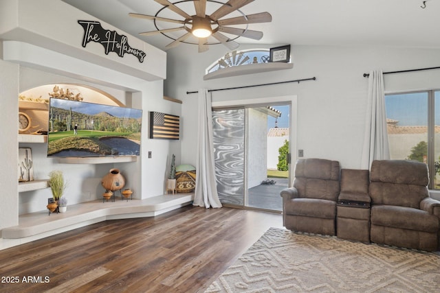 13320 N 82nd Dr, Peoria, AZ 85381 - living room featuring lofted ceiling, a ceiling fan, and wood finished floors