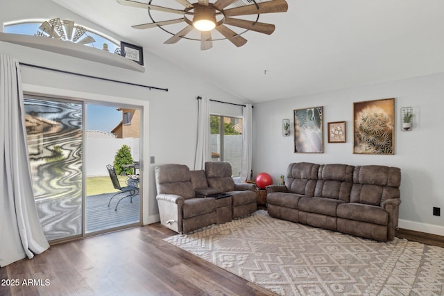 13320 N 82nd Dr, Peoria, AZ 85381 - living area with vaulted ceiling, ceiling fan, wood finished floors, and baseboards
