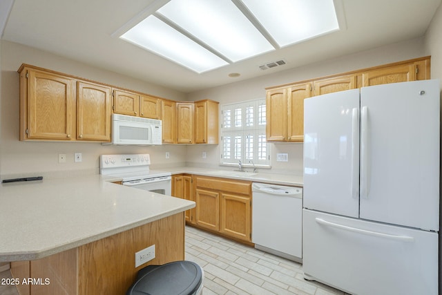 kitchen featuring a peninsula, a sink, visible vents, white appliances, and light countertops