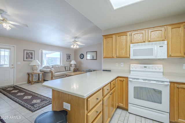 kitchen with a wealth of natural light, a ceiling fan, and white appliances