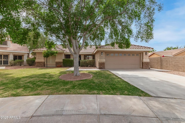 1114 N Leland Ct, Gilbert, AZ 85233 - view of front of house with stucco siding, a garage, concrete driveway, and stone siding