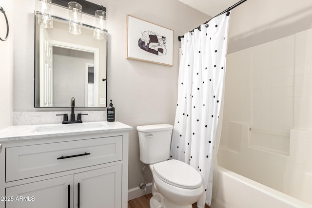 1114 N Leland Ct, Gilbert, AZ 85233 - bathroom with toilet, vanity, shower / bathtub combination with curtain, and wood finished floors