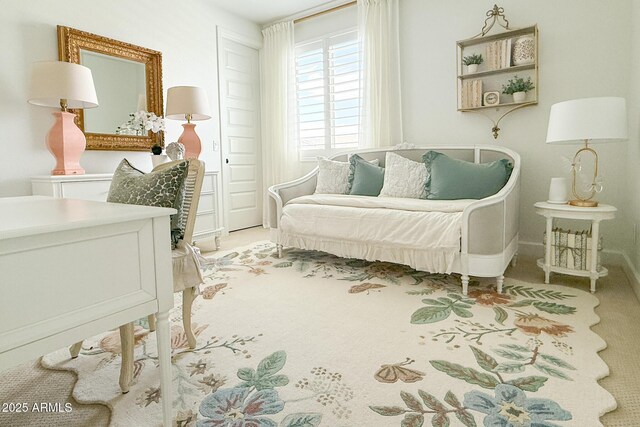 living area featuring baseboards and carpet floors
