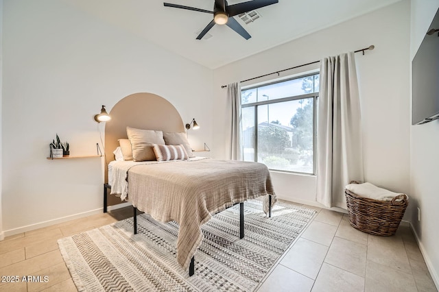 bedroom with visible vents, ceiling fan, baseboards, and light tile patterned floors