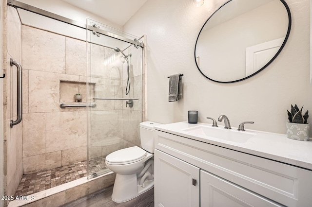 bathroom with toilet, a shower stall, and vanity