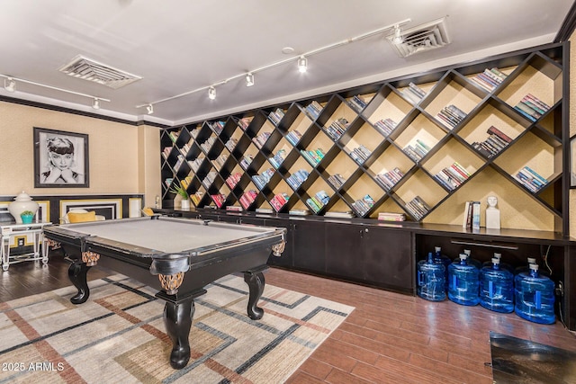 playroom with hardwood / wood-style floors, track lighting, and pool table