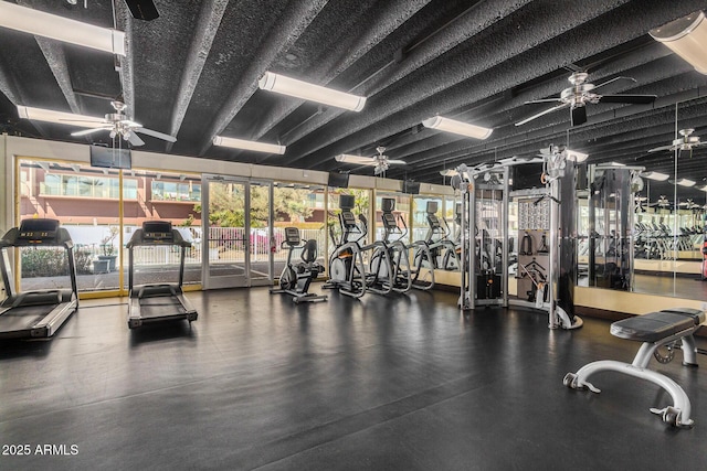 workout area with ceiling fan