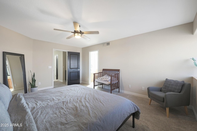 carpeted bedroom with ceiling fan