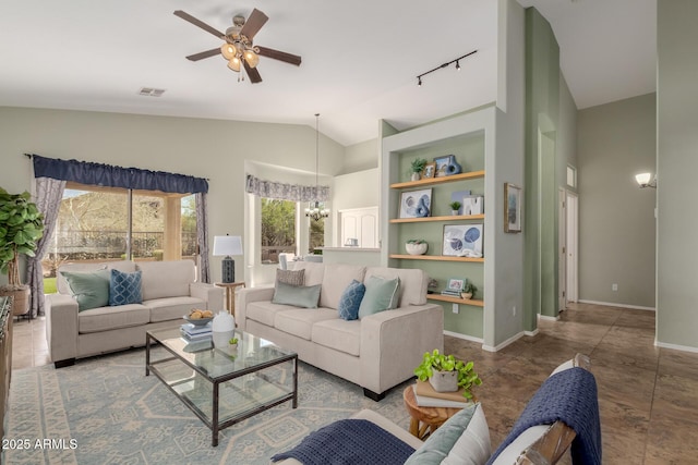 3055 N Red Mtn Unit 77, Mesa, AZ 85207 - living area with ceiling fan, baseboards, a chandelier, and high vaulted ceiling