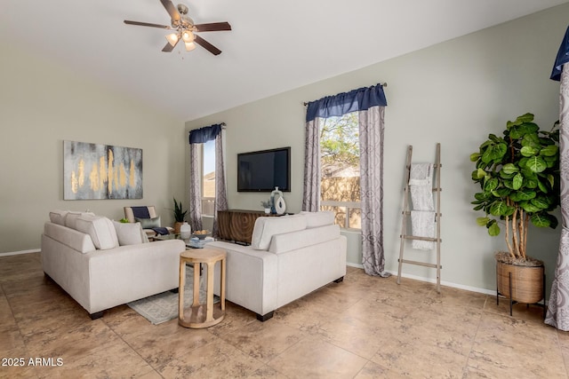 3055 N Red Mtn Unit 77, Mesa, AZ 85207 - living room featuring ceiling fan, vaulted ceiling, and baseboards