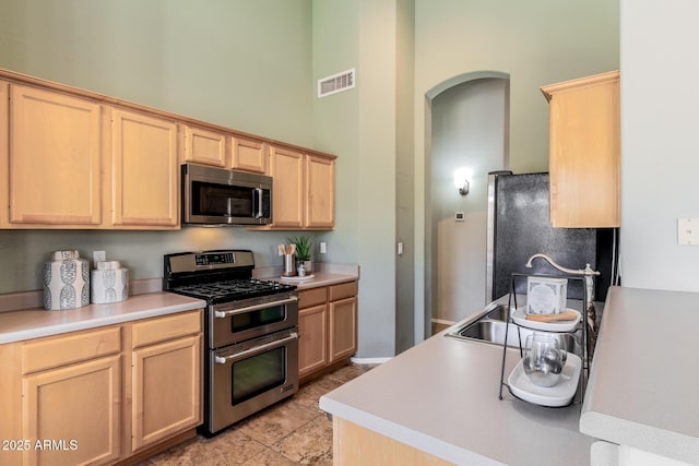 3055 N Red Mtn Unit 77, Mesa, AZ 85207 - kitchen with appliances with stainless steel finishes, a towering ceiling, light brown cabinets, light countertops, and a sink