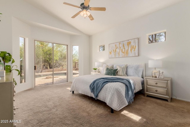 3055 N Red Mtn Unit 77, Mesa, AZ 85207 - carpeted bedroom with access to exterior, vaulted ceiling, and a ceiling fan