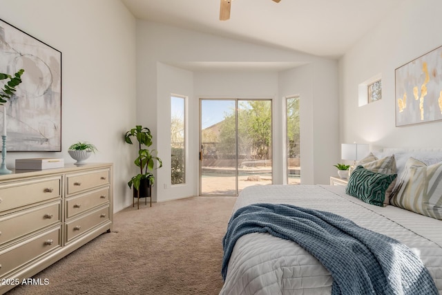 3055 N Red Mtn Unit 77, Mesa, AZ 85207 - carpeted bedroom with vaulted ceiling, access to exterior, and ceiling fan