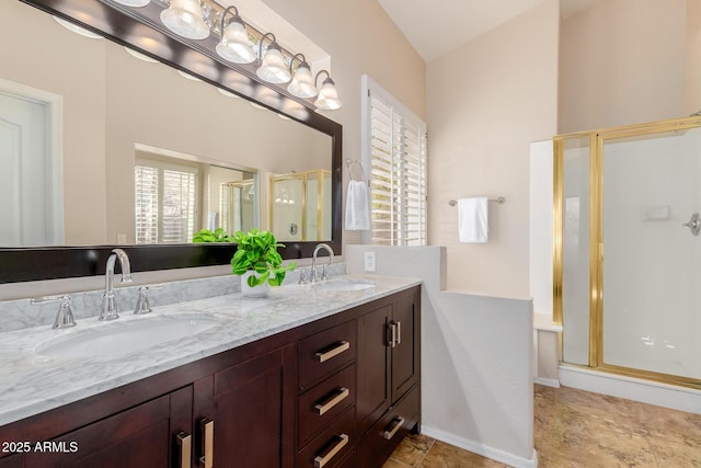 3055 N Red Mtn Unit 77, Mesa, AZ 85207 - full bath featuring a stall shower, double vanity, and healthy amount of natural light